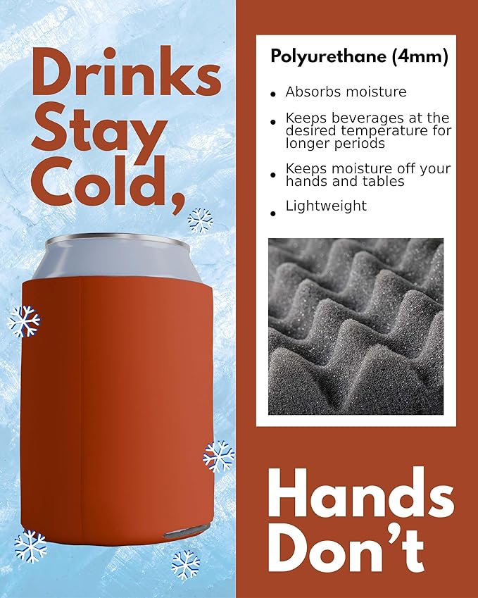 PartyPrints 100 Pack Texas Orange Blank Can Cooler Sleeves, Customizable Bulk Insulated Foam for Beer, Collapsible Plain Drink Holder, Cold Soda Insulator, 12oz Regular, 16oz Tall Cans