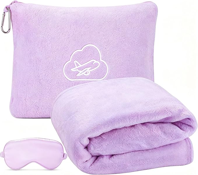 Travel Blanket, Airplane Blanket, Ultra-Soft, Warm & Lightweight, 65x40 in, Outdoor Blanket Essentials for Women, Men & Kids, Included Eye Mask, Luggage Sleeve & Backpack Clip Purple