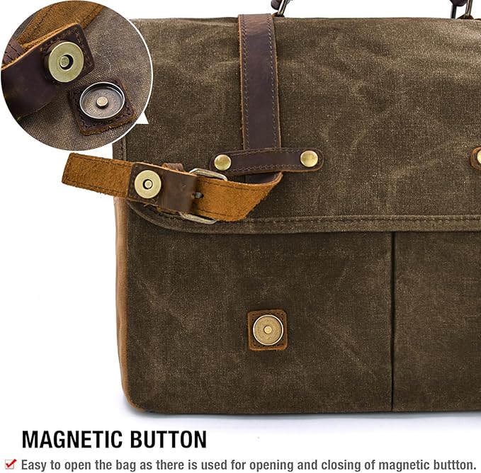 Mens Messenger Bag 15.6 Inch Waterproof Vintage Genuine Leather Waxed Canvas Briefcase Large Leather Computer Laptop Bag Rugged Satchel Shoulder Bag, Coffee
