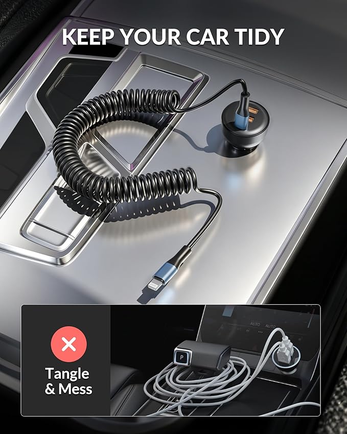 3-Port 70W Fast Car Charger for iPhone 14 13 12 11 Pro Max SE XR XS X 8 7 6 Plus, iPad, 2 Pack USB C Car Charger Adapter Cigarette Lighter with Coiled USB iPhone Carplay Cable &Lightning Charging Cord
