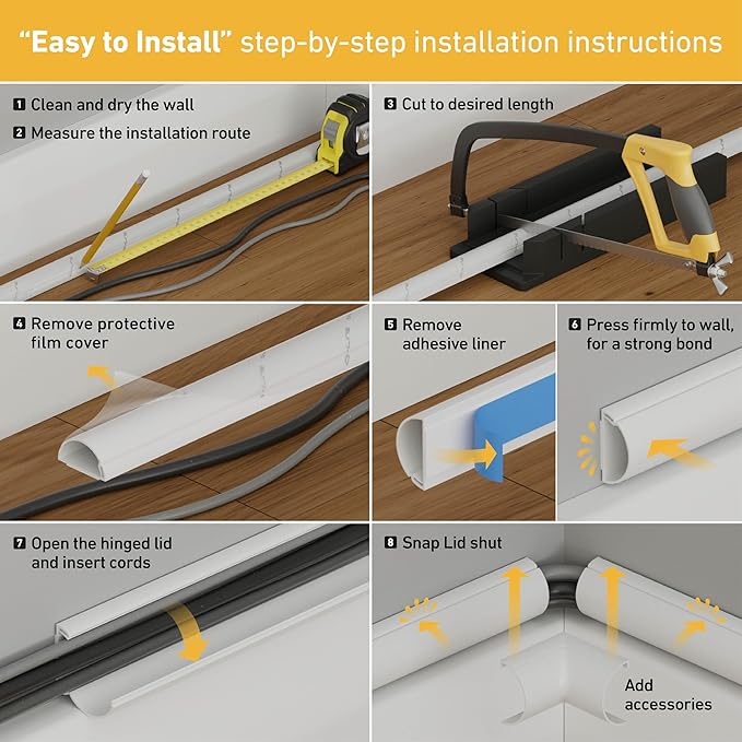 D-Line 157in Cord Hider Kit, Patented Cable Cover, Hide Wires on Wall, Channel for TV Mount Cords, Raceway Wire Hiders, Paintable, Adhesive, Half Round, 10x 0.78in W x 0.39in H x 15.7in L, Black