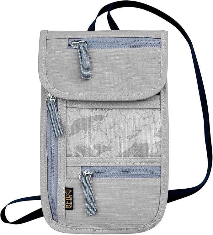 Travel Neck Wallet, RFID Blocking Passport Holder with Adjustable Neck Strap for Men and Women to Keep Cash, Credit Cards and Travel Documents Safe - Grey