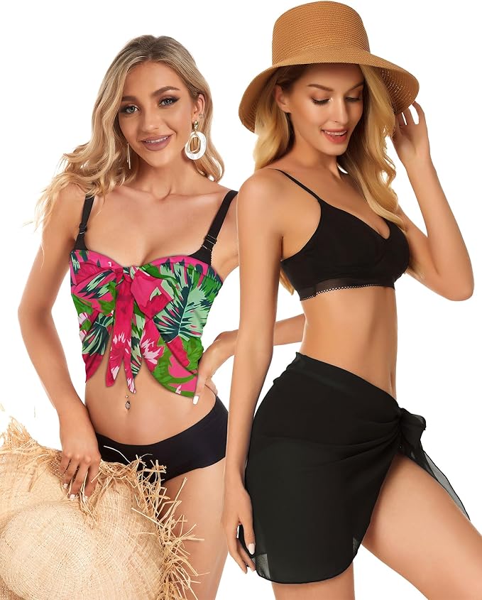 CHICGAL 2 Pieces Women Beach Sarong Bathing Suit Wrap Skirt Sheer Bikini Swimsuit Cover Ups for Swimwear
