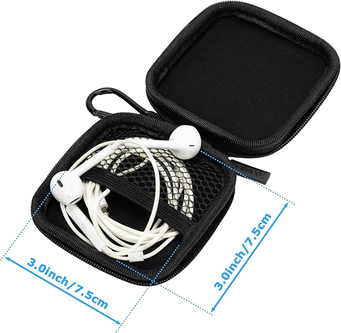Ginsco Mini-Portable Hard Shell Square Earbuds Case for Apple EarPods/Samsung Galaxy Wired/Wireless Earbuds, Cell Phone Accessories Organizer with Carabiner for Earphones Tech Pouch, Black-PU