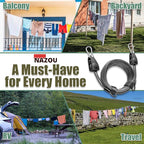 NAZOU Outdoor Retractable Clothesline, 3/16" 50ft+5ft Heavy Duty Coated Steel Wire Rope Clothes Line with Windproof Clamps, Portable Drying Line for Travel, Camping, Laundry, and Use