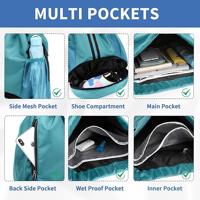 JELUTAR Drawstring Backpack Gym Bag with Shoes Compartment for Soccer, Basketball, Swim, Water-Resistant String Backpack Beach Cinch for Women Men, Teal