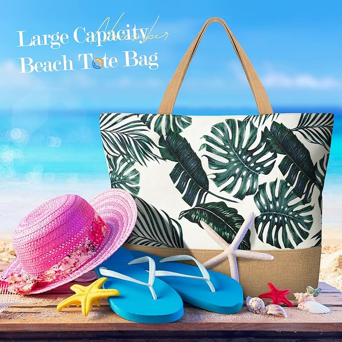 Trifabricy Beach Bag for Women, Large Beach Tote Bags with Zipper, Woven Straw Tote Waterproof, Swim Gym Shopping Travel Bag