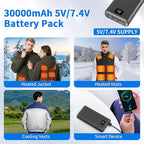 30000mAh Heated Vest Battery Pack 7.4V/5V, Heating Vest Portable Charger with DC and USB Output Ports, Power Bank for Heated Jacket, LED Display Battery Pack for Heated Vest