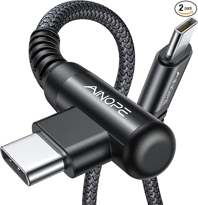 AINOPE USB C Cable 60W 2-Pack 10ft Nylon Braided USB C to USB C Cable Type C Charger Fast Charging Right Angle USBC Cable Charger Cord for iPhone 16 Pro Max 15 Plus Samsung S24 S23 iPad Pro Black
