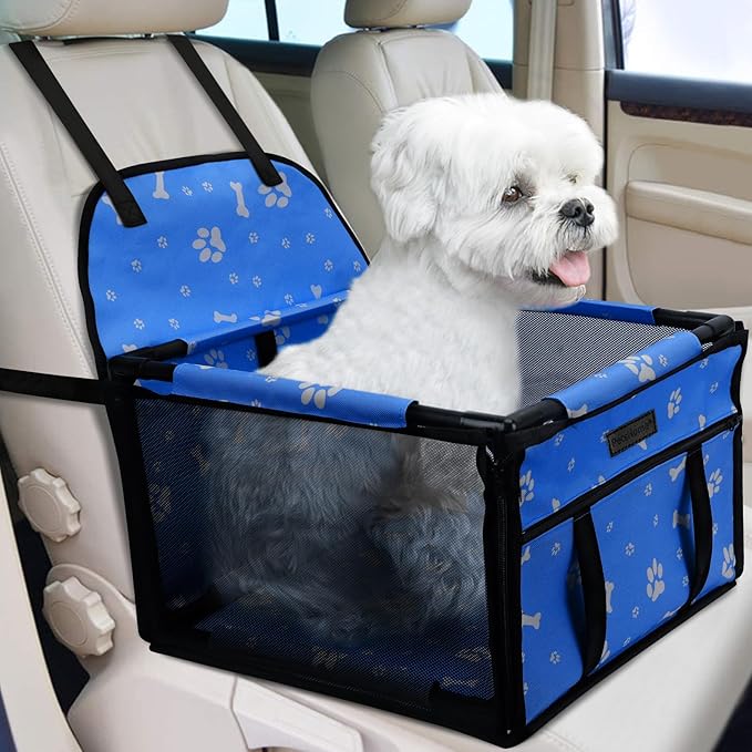 Dog Car Seat Foldable Dog Car Booster Seat Waterproof Breathable Oxford Travel Bag for Small to Medium Dogs, Puppies, and Pets-Pattern Blue-Upgrade