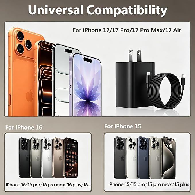 Phone 17 16 15 Charger Fast Charging, 10 FT Long USB C Charger Cord with 20W Type C Fast Phone Charging Block forPhone 17/17 Pro/17 Pro max/Air/Phone 16 15 Pro Max Plus, iPad, Android,Black