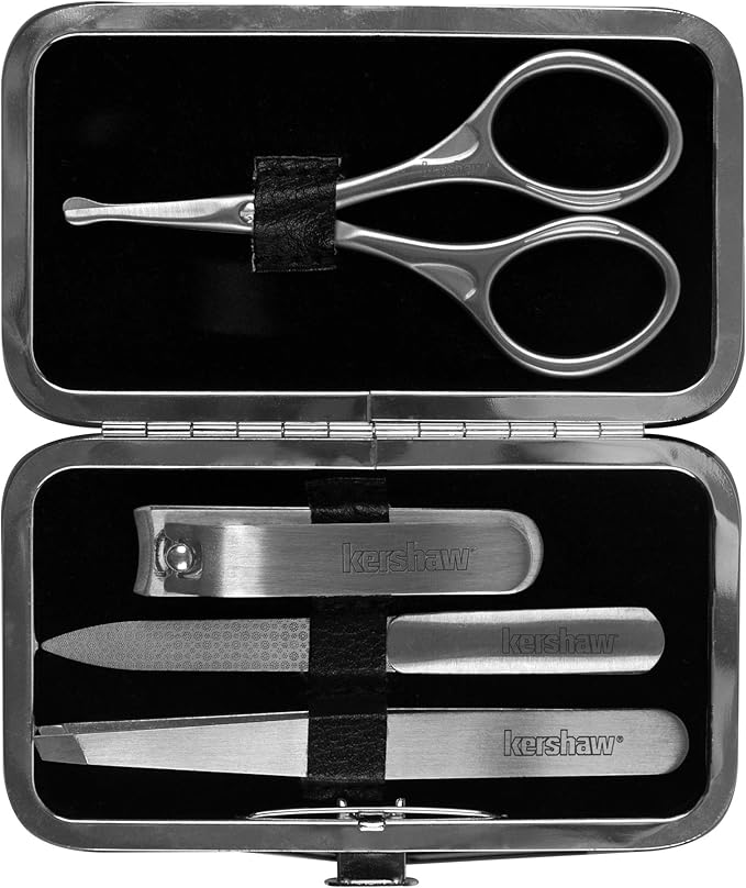 Kershaw Manicure Kit, 4-Piece Stainless Steel Set with Case, Mens Grooming Kits, Includes Fingernail Clipper, Double-Sided Nail File, Beard and Moustache Scissors and Tweezers