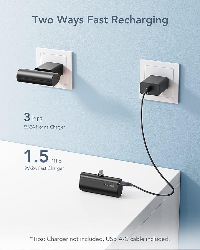 charmast Portable Charger USB C for iPhone 17/16/15, 5000mAh Fast Charging Power Bank with Built-in Type-C Connector, 20W Mini Battery Pack for iPhone 17/16/15 Series, Samsung S25/S24/S23, and More