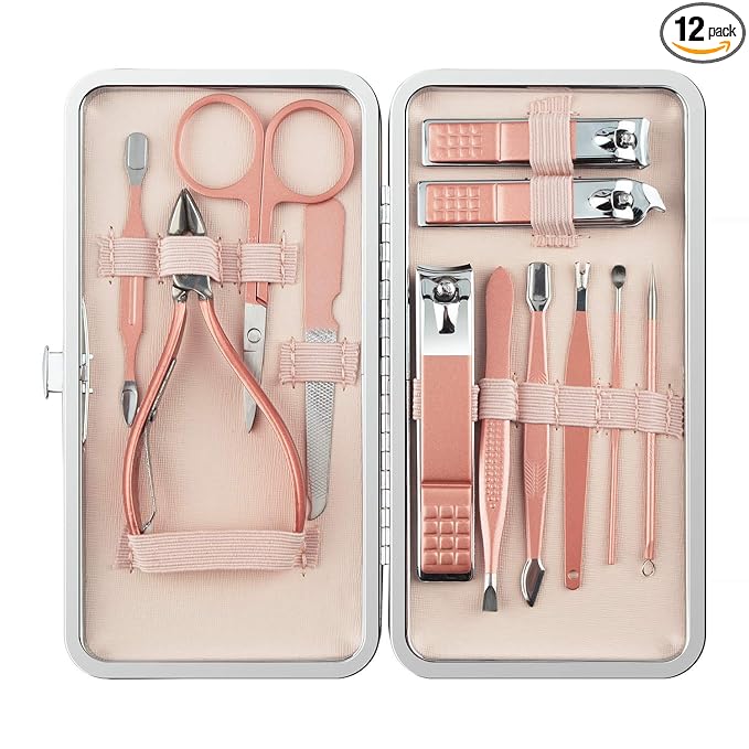 Manicure Set, 12 In 1 Stainless Steel Professional Pedicure Kit Nail Scissors Grooming Kit with Pink Leather Travel Case Pink