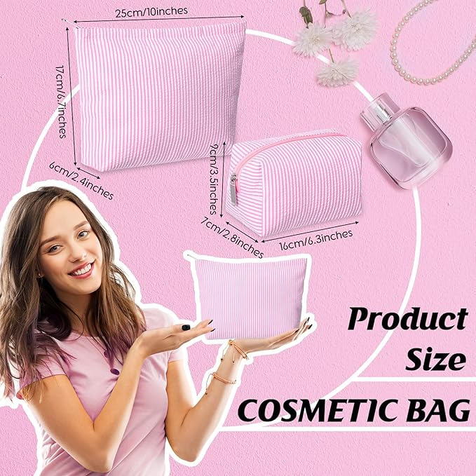 Huhumy 2 Pcs Makeup Bag Set Cute Cosmetic Pouch for Women Seersucker Travel Toiletry Bag Preppy Small Makeup Purse Pouch Aesthetic Skincare Brushes Storage Organizer for Valentine Women(Pink)