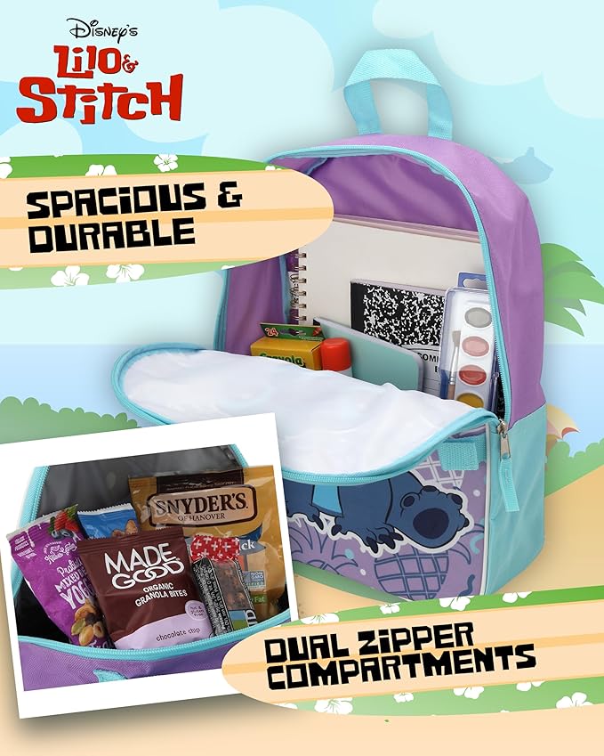 Fast Forward Stitch Kids Backpack and Lunch Box Set - 2 Piece 15 Inch School Backpack With Detachable Lunch Bag Set, Stitch Purple Pineapple