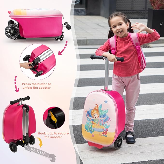 VLIVE Kids 2-in-1 Ride-On Suitcase & Backpack Set, 30L Suitcase + 10L Backpack, Durable EVA, Lightweight Foldable Wheels, Mermaid Design for Girls Ages 4-8