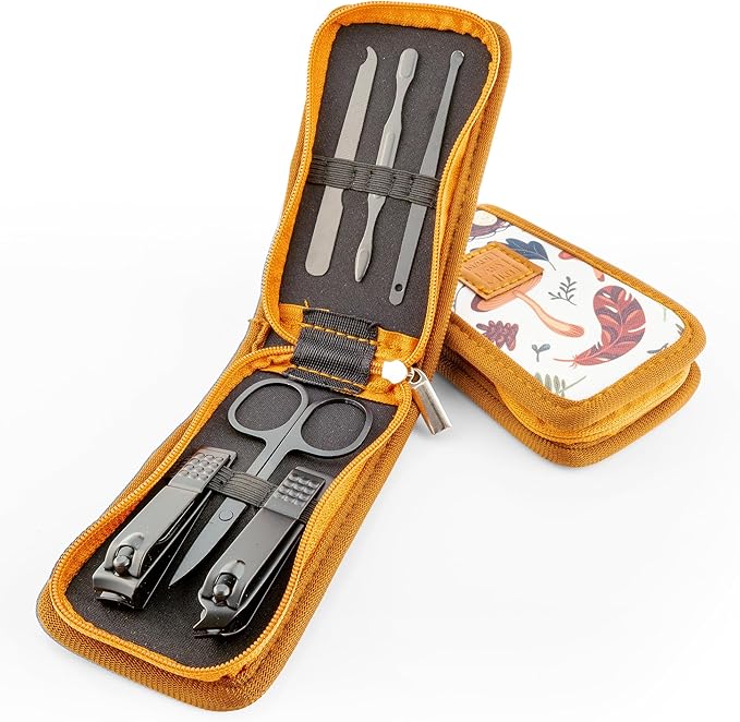 Made Easy Kit Nail Clipper Set – 7-Piece Portable Manicure & Grooming Kit with Stainless Steel Tools in Neoprene Case – Stay Organized, Purse-Friendly, Travel Essential for Women & Men (Brown Woods)
