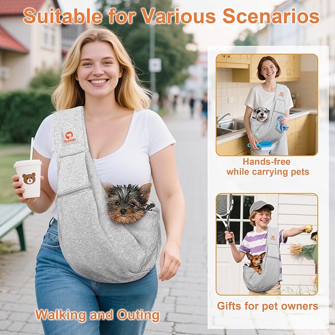 Tomkas Small Dog Cat Sling Carrier Puppy Purse Travel Wrap Soft Crossbody Pet Bag (Grey, M - Zip Pocket & Classic Strap)