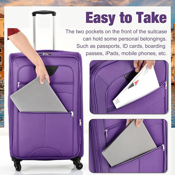 Lightweight Expandable Softside Luggage Sets 3 Piece, Large Capacity Travel Suitcase with Spinner Wheel, TSA Lock, Easy Access Design and Adjustable Telescoping Handle (Purple)