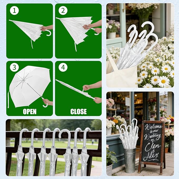 Clear Bubble Umbrellas for Wedding 8 Pack, 48 Inch Windproof Transparent POE Dome Umbrella with Auto Open J-Handle, Large Clear Umbrellas for Wedding Rain Golf Outdoor Photography Bridal Events