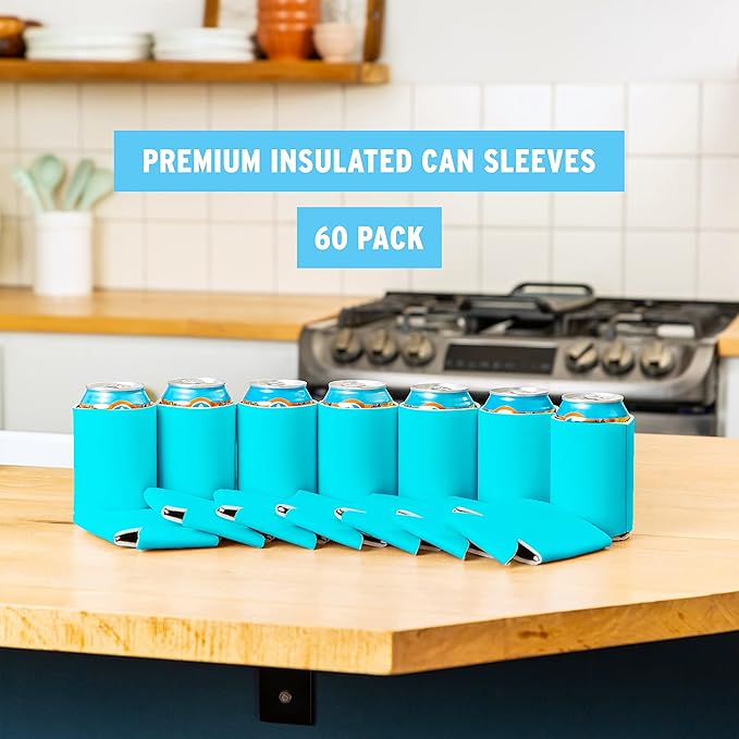 Blank Beer Can Cooler Sleeves (60-Pack) Soft Insulated Beer Can Coolies - HTV Friendly Blank Koolies in Bulk for Beer Cans & Bottles - Coolie Blanks for Vinyl Projects & Wedding Favors (Robins Egg)