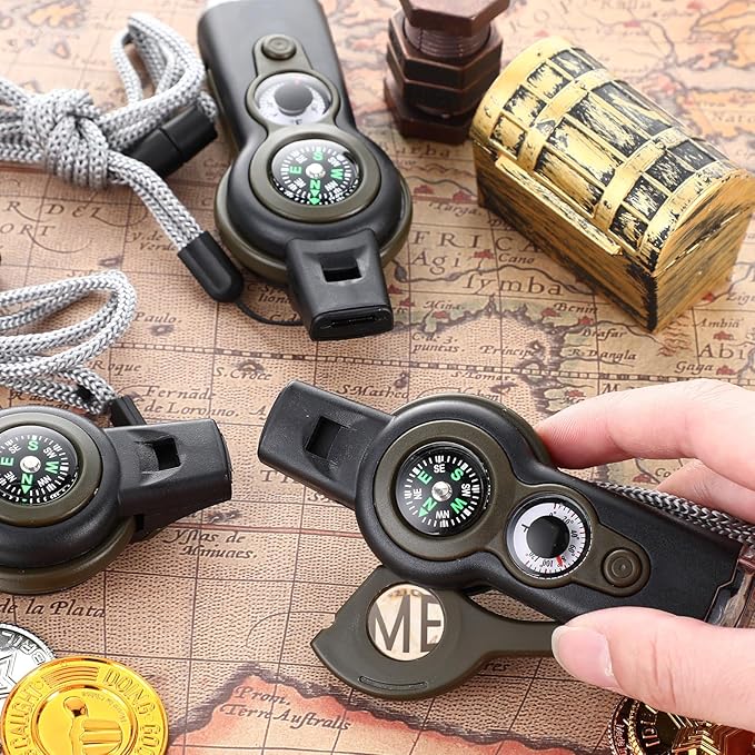Arrowbash 12 Pack Emergency Survival Whistle 7-in-1 Compass Hiking Survival Safety Whistle with Lanyard Outdoor Multifunctional Tool Ideal for Hiking Camping Rescue Signaling