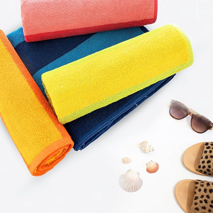 CASA COPENHAGEN Malibu Towel 4Pcs Deep Blue Designer Stripe Beach Towels Gift Set, 30"x60" Oversized 100% Cotton Pool Bath Towel for Beach Gift Set (Perfect Summer Gift Set for Women & Men)