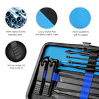 Professional Stainless Steel Nail Clipper Travel & Grooming Kit Nail Tools Manicure & Pedicure Set of 18pcs with Luxurious Case (Black/Blue)