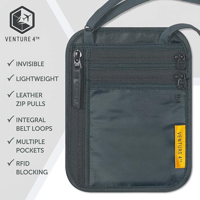 VENTURE 4TH Slim Passport Holder Neck Pouch with RFID Blocking Travel Neck Wallet and a Nylon Lining (Gray)