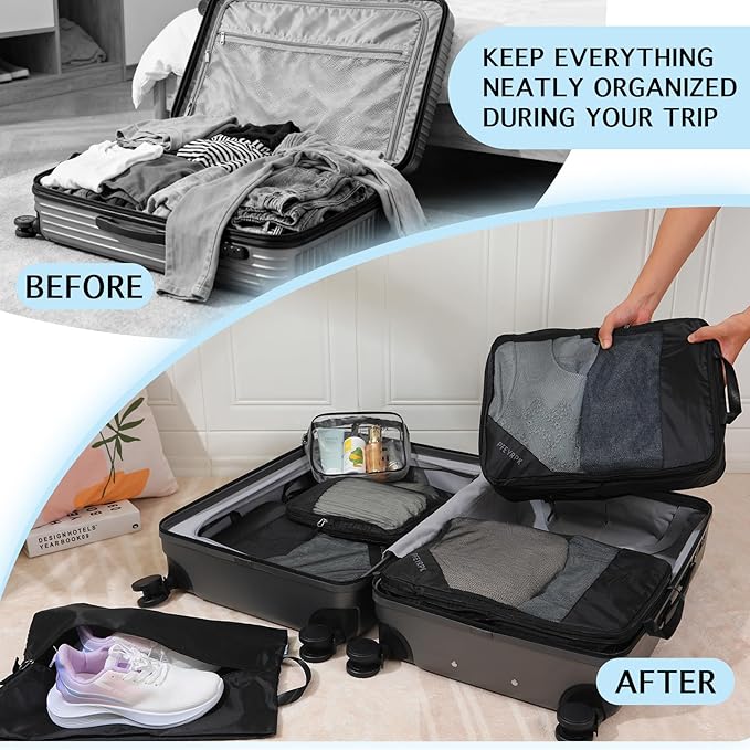 PFEYRPK Lightweight Compression Packing Cubes for Suitcases, Compressible Expandable Travel Packing Organizer with Clear Toiletries and Backpack Bag, Travel Essentials for Carry on Luggage 7 Set