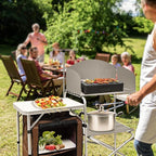 CampLand Folding Camping Kitchen Table with Windscreen,Portable Outdoor Cooking Station with Storage Cabinet & Side Tables Heavy Duty Camp Cook Station for Camping & BBQ（White）
