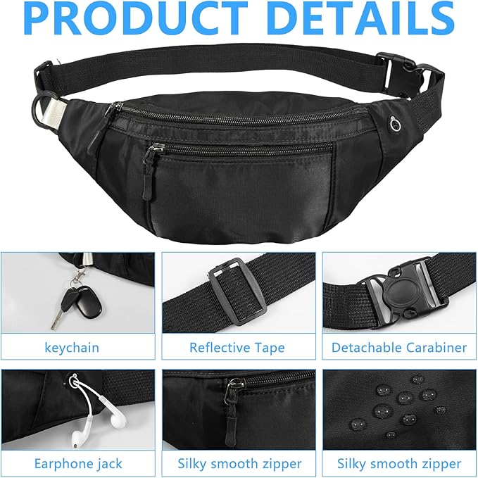 1PCS Crossbody Fanny Pack Large Capacity Waist Bag with 4-Zipper Pockets Adjustable Strap Fanny Packs Waterproof Oxford Cloth Travel Belt Bag for Outdoor Shopping Travel Men Women,Black