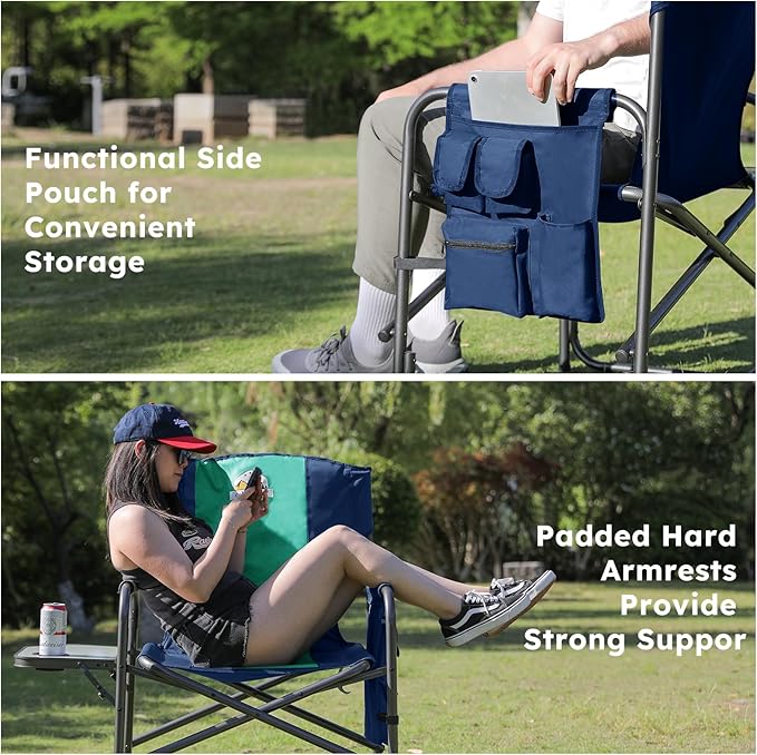 Colegence Oversized Directors Camping Chair Set of 2 Support 600 LBS, Heavy Duty Folding Outdoor Chairs with Detachable Side Pocket and Adjustable Side Table for Outside Beach,Lawn,Fishing,Dark Blue