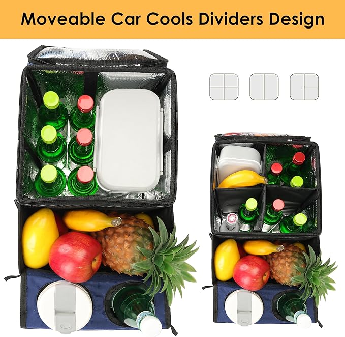 Backseat Organizer for Kids & Adults – Car Seat Cooler Warmer with 2-in-1 Writing Tray, Cup Holders & 11 Storage Compartments | Road Trip Car Organizer for Front & Back Seat (Black) (Navy Blue)