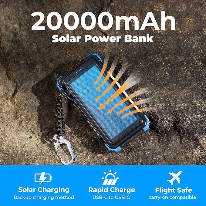 BLAVOR Solar Power Bank 20000mAh Built-in Cables, Wireless Charger for Phones & Apple Watch, 20W Fast Charging Battery Pack with USB C, Flashlight, Solar Charger for iPhone, iPad, iWatch, Samsung