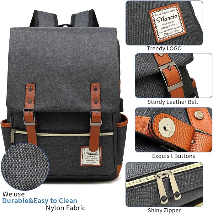 Mancio Vintage Laptop Backpack with USB Charging Port, Slim Tear Resistant Business Backpack for Travelling, College, Daypacks for Men,Women, Fits up to 15.6Inch Notebook in Black