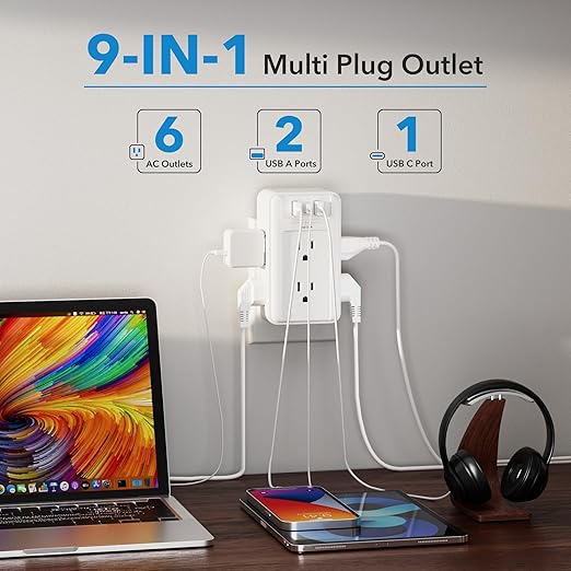 BN-LINK Multi Plug Outlet 2 Pack, 6 Wall Outlet Extender with 3 USB Charging Ports (1 USB C) Total 3.4A, 3-Sided Outlets Splitter Multiple Outlet Wall Plug for Home Office Dorm Room