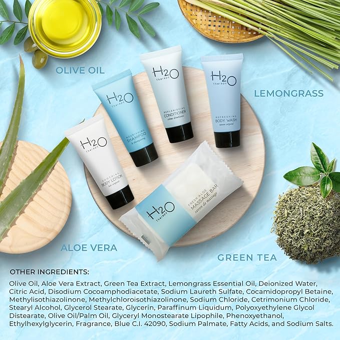 H2O Therapy Hotel Soaps & Toiletries Bulk Set | 1-Shoppe Amenities Kit | 0.85oz Shampoo & Conditioner, Body Wash, Lotion, 1oz Bar Soap | Travel Size | 300 Pieces