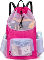 Swim Bag for Kids Mesh Beach Backpack for Girls Lightweight Drawstring Beach Bag Swimming Pool Sports Gym String Bag (Purple)
