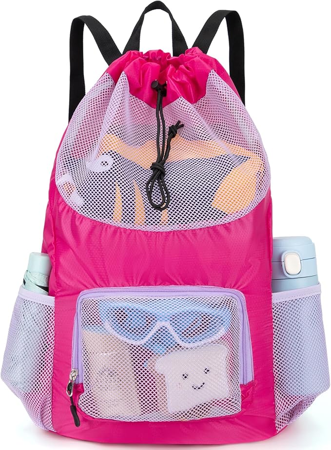 Swim Bag for Kids Mesh Beach Backpack for Girls Lightweight Drawstring Beach Bag Swimming Pool Sports Gym String Bag (Purple)
