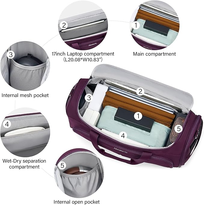 Hanke Large Capacity Travel Duffel Bag, Carry On Luggage with 12 Pockets, 17 Inch Laptop Compartment, Wet Dry Separation & Independent Shoe Bag, Lightweight Foldable Duffel Bag for Women Men（Purple）