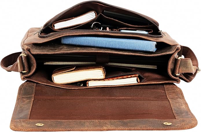 Full Grain Leather Messenger Bag – Brown Buffalo Leather Laptop Briefcase for Men, Handmade Vintage Satchel Crossbody Bag for Work Office College Travel, 16 Inch Computer Business Bag