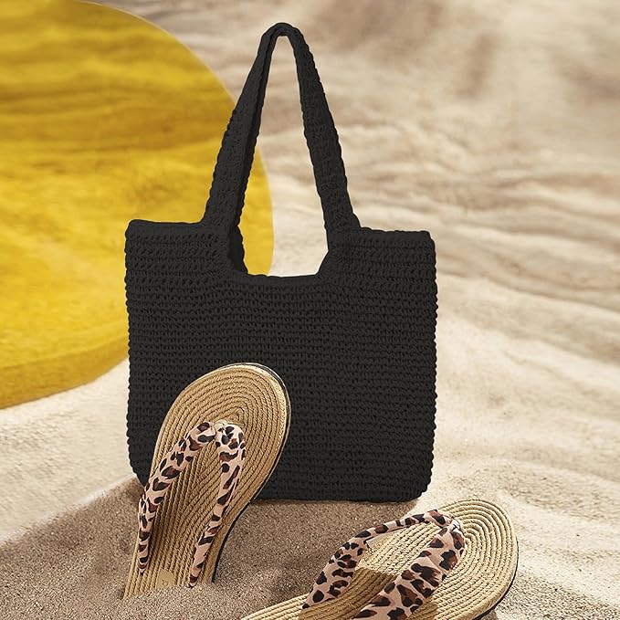 GOLDTIMO Beach Bags for Women - Summer Soft Large Woven Shoulder Purse Handbag, Beach Tote Straw Bag for Summer Vacation