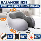 Plane Neck Pillow for Long Flights – 4-in-1 Set | Adjustable 100% Memory Foam Gray Airplane Pillow Neck Support, 3D Eye Mask, Earplugs, & Soft Washable Cotton Cover, Button Closure – Comfort Traveling