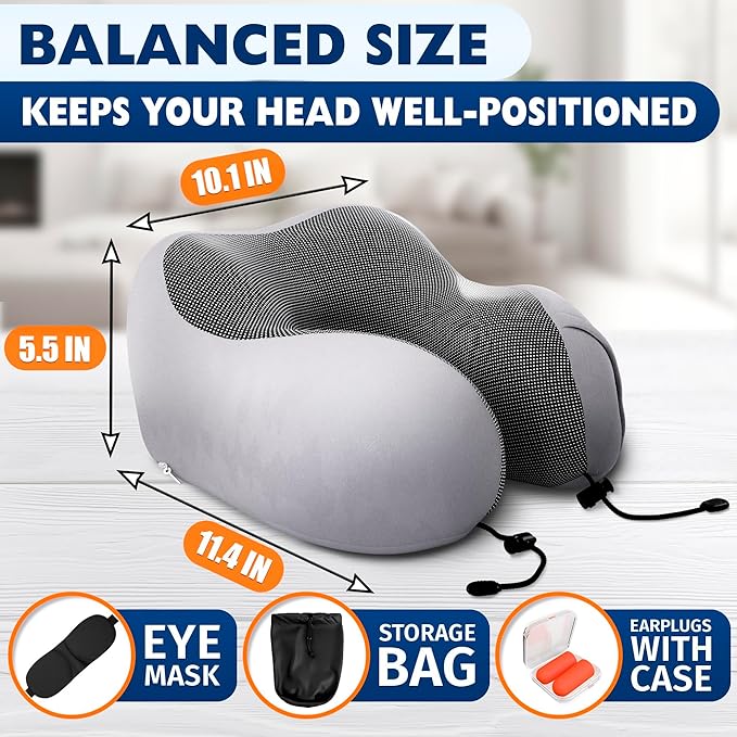 Plane Neck Pillow for Long Flights – 4-in-1 Set | Adjustable 100% Memory Foam Gray Airplane Pillow Neck Support, 3D Eye Mask, Earplugs, & Soft Washable Cotton Cover, Button Closure – Comfort Traveling