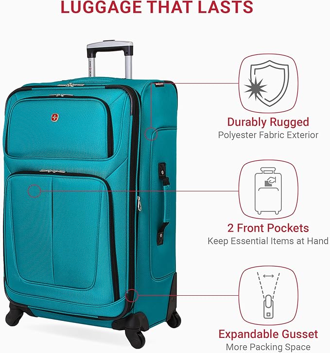 SWISSGEAR Sion Softside Expandable Spinner Luggage Durable Lightweight Travel Suitcase, Teal, Checked-Large 29-Inch