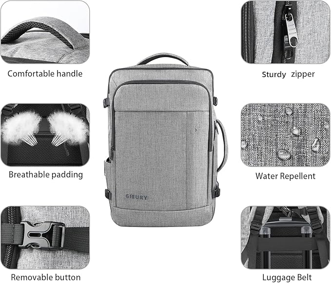 Gieury 55L Carry On Backpack, Extra Large Travel Backpack for Men & Women, Expandable Big Capacity For Airplanes, Travel Gifts for Men Women, Fits 18.4 Inch Laptop, Luggage Suitcase Daypack Bag, Grey