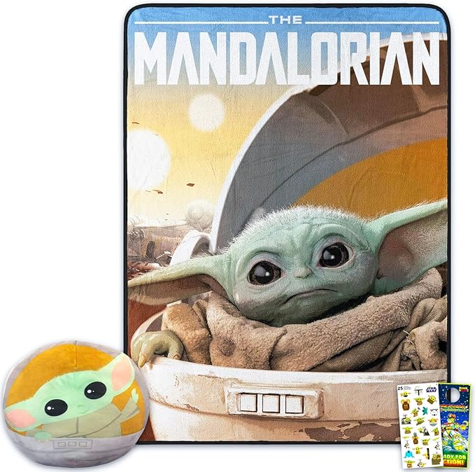 Disney Mandalorian Baby Yoda Nogginz Set - Bundle with 40 x 50 Inch Lightweight Travel Throw Blanket & Pillow Plus Stickers - Kids Super Soft 2 Piece Baby Yoda Bedding Set