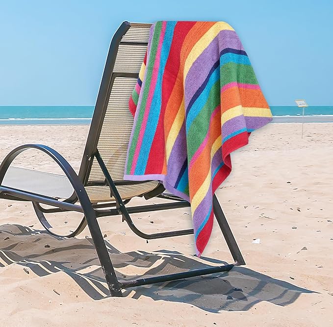 White Classic Cotton Beach Towels Oversized 30 x 60 Inches, Ultra Absorbent and Low Lint Striped Pool Towels for Adults, Unique Rainbow Design Luxury Extra Large Bath Towels, 4 Pack